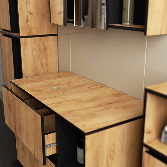 SADA ZÁVĚSNÉHO KOUPELNOVÉHO NÁBYTKU S OTVORY VAMI DUB CRAFT / ČERNÁ