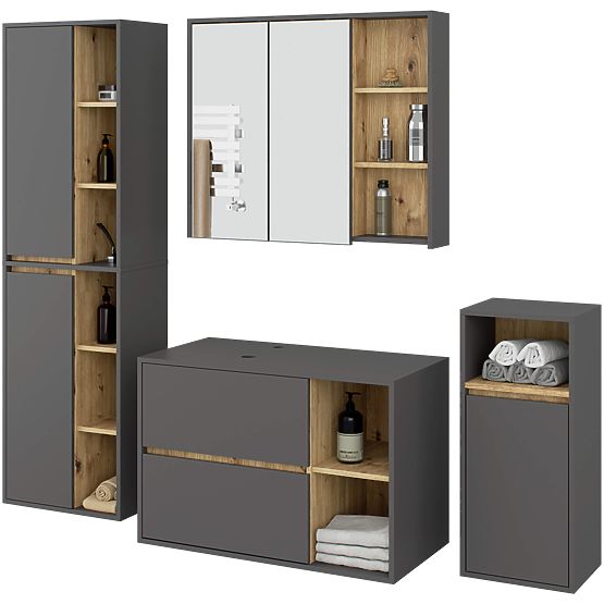 SADA ZÁVĚSNÉHO KOUPELNOVÉHO NÁBYTKU S OTVORY VAMI GRAFIT ŠEDÁ / DUB ARTISAN