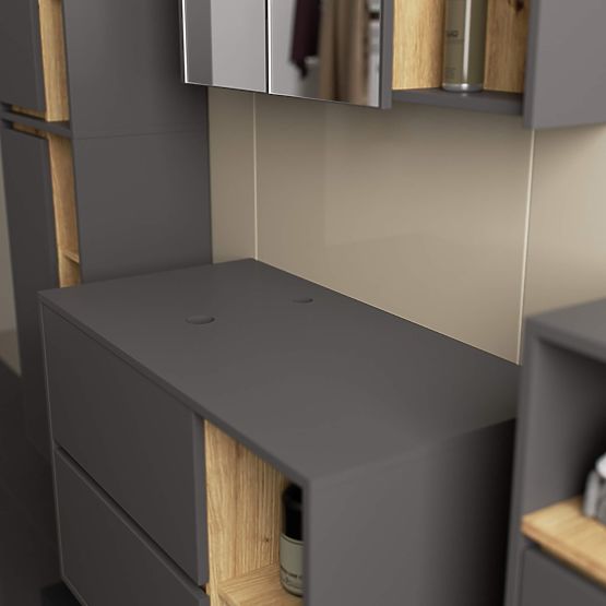 SADA ZÁVĚSNÉHO KOUPELNOVÉHO NÁBYTKU S OTVORY VAMI GRAFIT ŠEDÁ / DUB ARTISAN