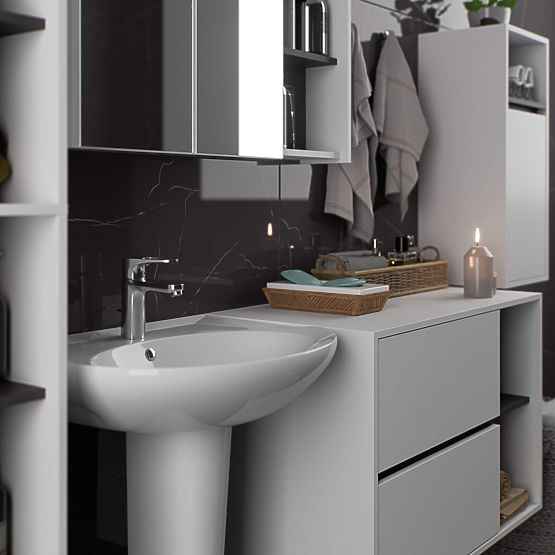 SADA ZÁVĚSNÉHO KOUPELNOVÉHO NÁBYTKU VAMI BÍLÁ / GRAFITOVĚ ŠEDÁ