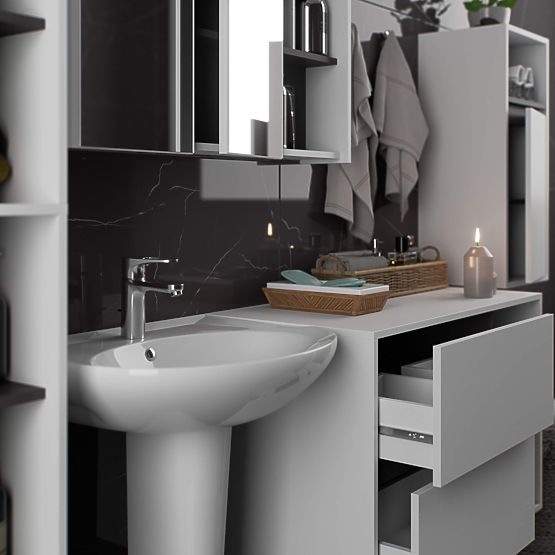 SADA ZÁVĚSNÉHO KOUPELNOVÉHO NÁBYTKU VAMI BÍLÁ / GRAFITOVĚ ŠEDÁ