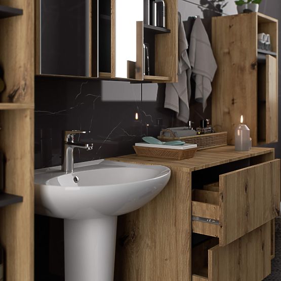 SADA ZÁVĚSNÉHO KOUPELNOVÉHO NÁBYTKU VAMI DUB ARTISAN / GRAFIT ŠEDÝ