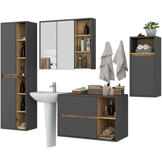 SADA ZÁVĚSNÉHO KOUPELNOVÉHO NÁBYTKU VAMI GRAFIT ŠEDÁ / DUB ARTISAN