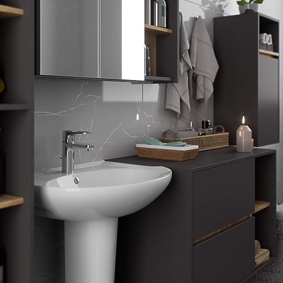 SADA ZÁVĚSNÉHO KOUPELNOVÉHO NÁBYTKU VAMI GRAFIT ŠEDÁ / DUB ARTISAN