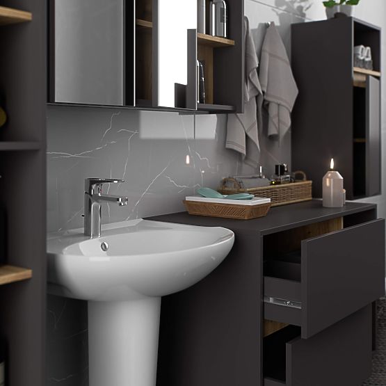 SADA ZÁVĚSNÉHO KOUPELNOVÉHO NÁBYTKU VAMI GRAFIT ŠEDÁ / DUB ARTISAN