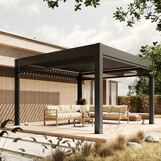 Samostatně stojící zahradní pergola Lumera z hliníku, 4x4 m, bioklimatická, LED osvětlení, elektrick