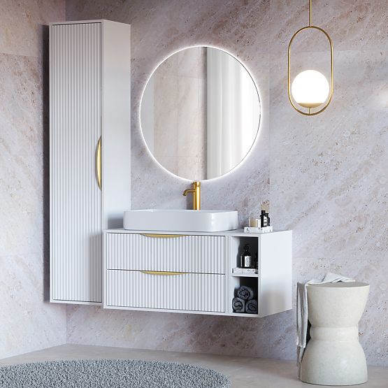 Skříňka pod umyvadlo na desku Avila 2.0, 80 cm, drážkovaná, zlaté úchyty, bílá