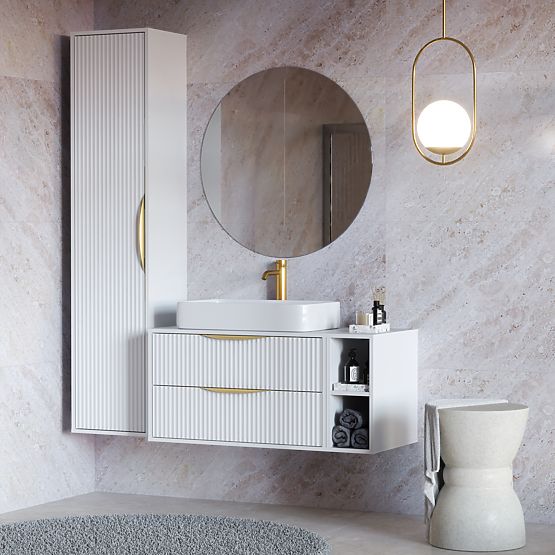 Skříňka pod umyvadlo na desku Avila 2.0, 80 cm, drážkovaná, zlaté úchyty, bílá