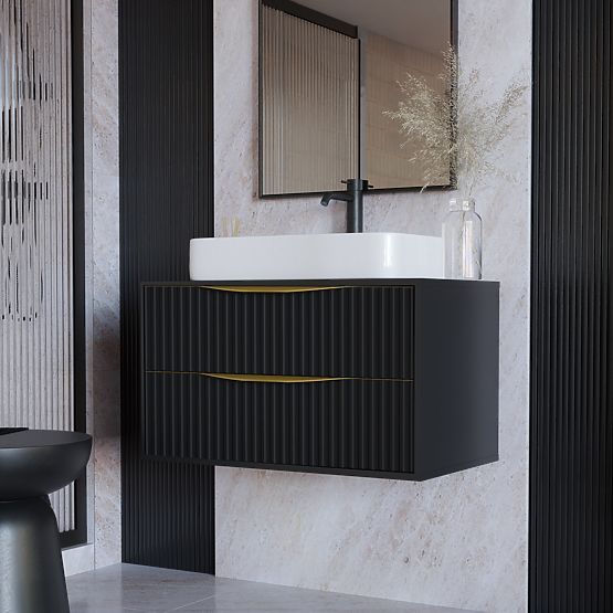 Skříňka pod umyvadlo na desku Avila 2.0, 80 cm, rýhovaná, zlaté úchyty, černá