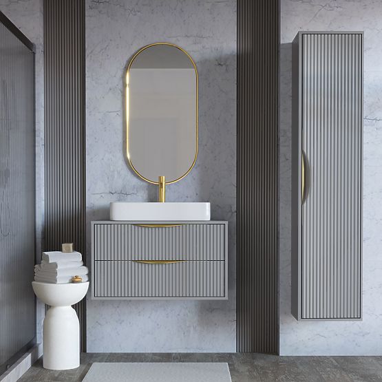 Skříňka pod umyvadlo na desku Avila 2.0, 80 cm, rýhovaná, zlaté úchyty, šedá