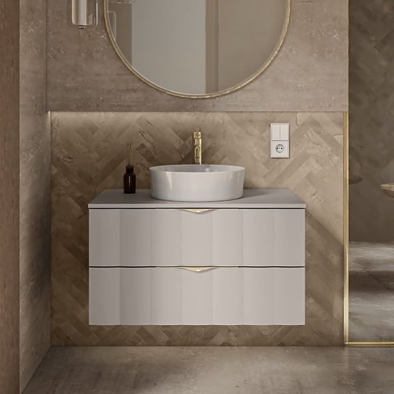 Skříňka pod umyvadlo na desku Omi 80 cm, vlnitý čelní panel, zlaté úchyty, kašmírová béžová