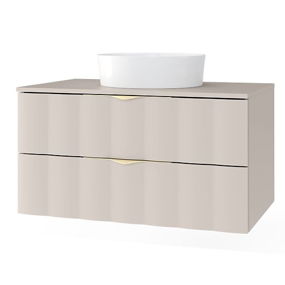 Skříňka pod umyvadlo na desku Omi 80 cm, vlnitý čelní panel, zlaté úchyty, kašmírová béžová