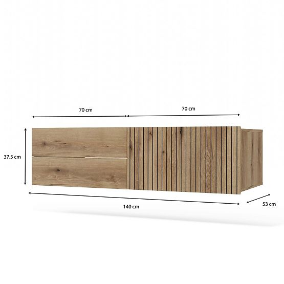 SKŘÍŇKA POD UMYVADLO TIGO 1D2S DUB EVOKE 140 CM 2 ZÁSUVKY RÝHOVANÝ PŘEDNÍ PANEL ZÁVĚSNÁ