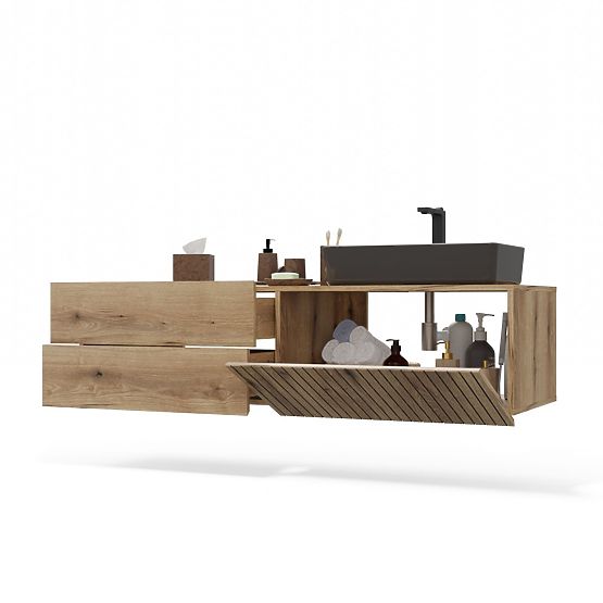 SKŘÍŇKA POD UMYVADLO TIGO 1D2S DUB EVOKE 140 CM 2 ZÁSUVKY RÝHOVANÝ PŘEDNÍ PANEL ZÁVĚSNÁ