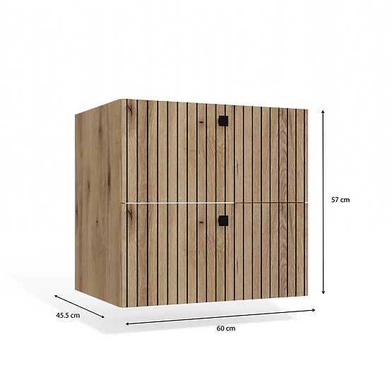 SKŘÍŇKA POD UMYVADLO TIGO 60 2S DUB EVOKE 2 ZÁSUVKY DRÁŽKOVANÝ ČELNÍ PANEL ZÁVĚSNÁ