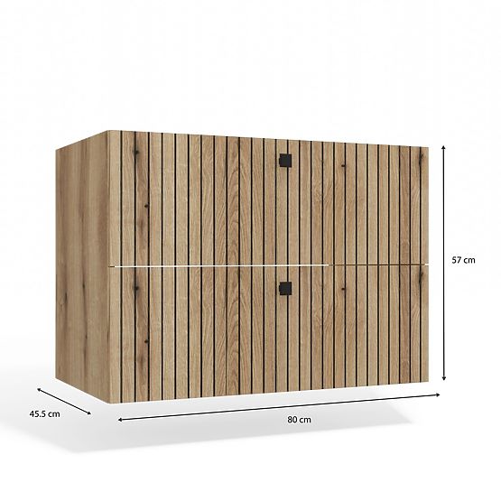 SKŘÍŇKA POD UMYVADLO TIGO 80 2S DUB EVOKE 2 ZÁSUVKY DRÁŽKOVANÝ ČELNÍ PANEL ZÁVĚSNÁ