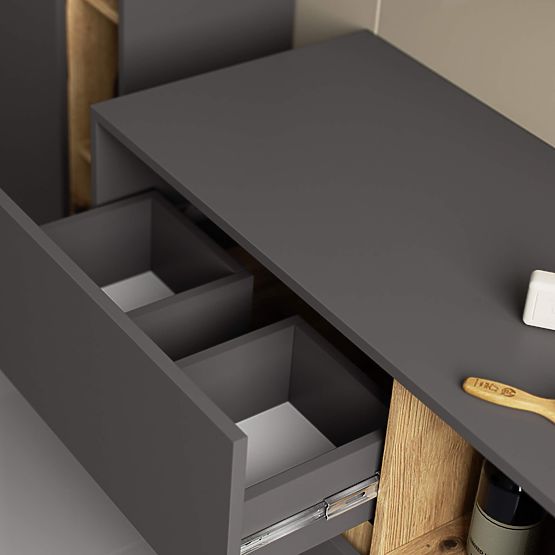 SZAFKA ŁAZIENKOWA POD UMYWALKĘ VAMI W 90 cm 2 SZUFLADY GRAFIT SZARY / DĄB ARTISAN