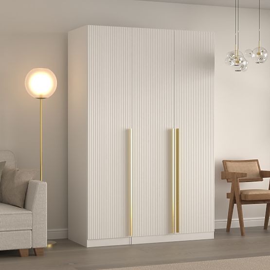 Třídveřová skříň Neroli, jednoduché drážky, bílá