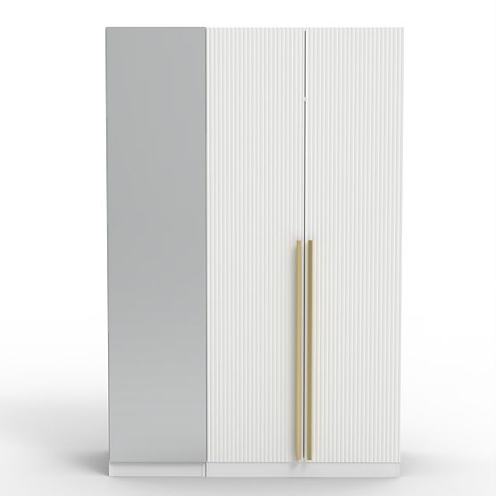 Třídveřová skříň Neroli, zrcadlo/jednoduché drážky, bílá