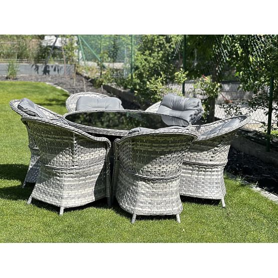 Velká jídelní souprava z technoratanu (6 křesel + stůl) MODERNO světle šedá