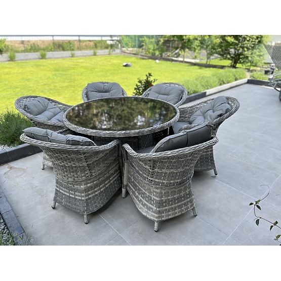 Velká jídelní souprava z technoratanu (6 křesel + stůl) MODERNO světle šedá