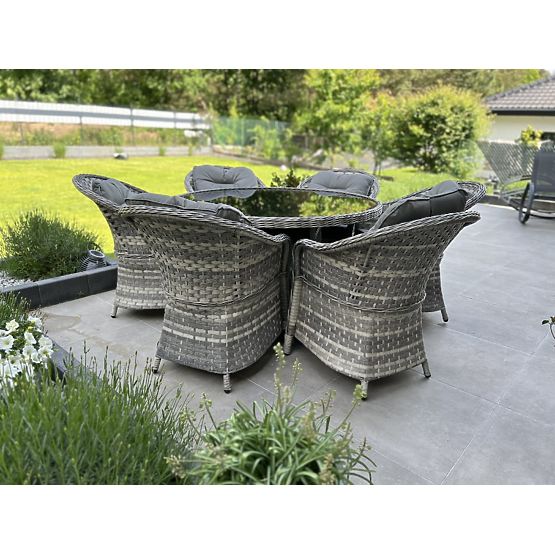 Velká jídelní souprava z technoratanu (6 křesel + stůl) MODERNO světle šedá