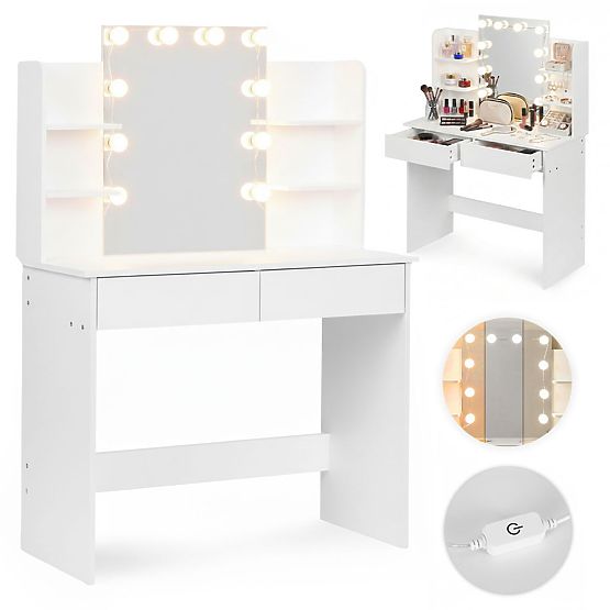 Velký kosmetický toaletní stolek se zrcadlem a LED osvětlením 3 barvy police zásuvky ModernHome