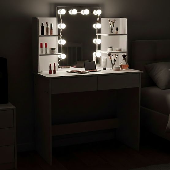 Velký kosmetický toaletní stolek se zrcadlem a LED osvětlením 3 barvy police zásuvky ModernHome