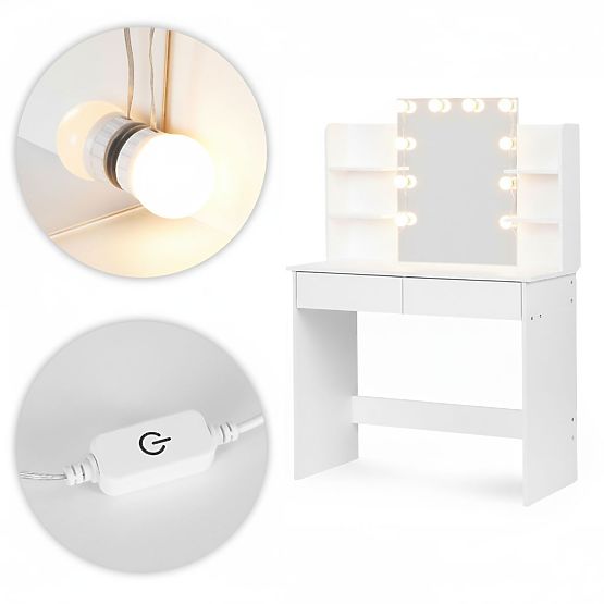 Velký kosmetický toaletní stolek se zrcadlem a LED osvětlením 3 barvy police zásuvky ModernHome