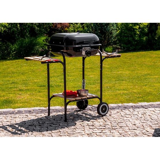 Velký zahradní gril s nastavitelným roštem a dřevěnými policemi