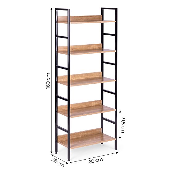 Vysoký loftový regál 5 polic kov MDF ModernHome