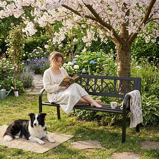 Zahradní lavička s dekorativním opěradlem 120x50 cm kovová parková černá MultiGarden