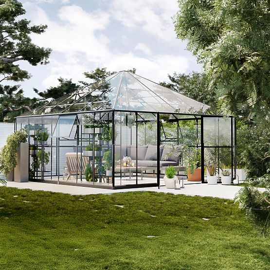 Zahradní oranžérie ProGlass Gazebo Large s základem 17,8 m² tvrzené sklo 4 mm, hliník, černá