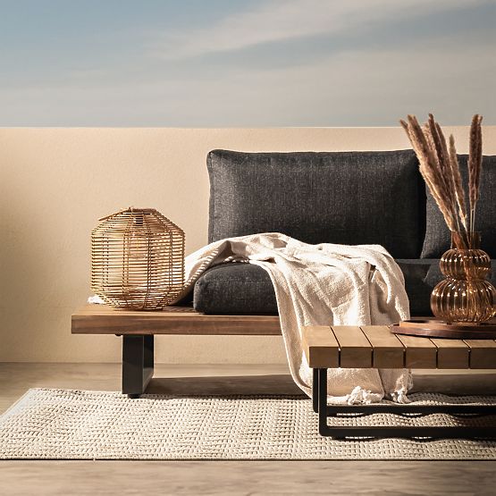 Zahradní rohová sedačka se stolkem Borgo, akáciové dřevo FSC, teakový vzhled, šedá