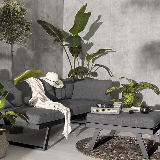 Zahradní rohová sedačka se stolkem Lafoole Lunge, spun-poly, tmavě šedá