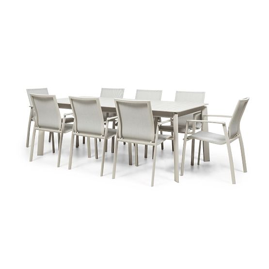 Zahradní set Canelli, rozkládací stůl 205-286 cm + 8 židlí, hliníkový, světle béžový