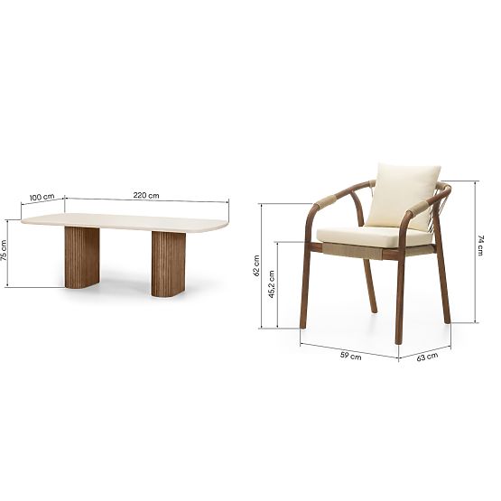 Zahradní set Rovigo stůl s kamennou deskou 220 cm a 6 židlí s pleteným provázkem, tmavé dřevo