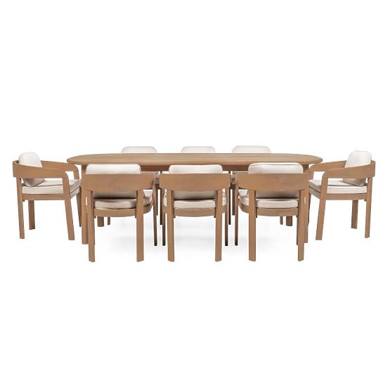 Zahradní set Satori II, stůl 240 cm + 8 židlí, akáciové dřevo FSC, teakový vzhled, béžový, zaoblený