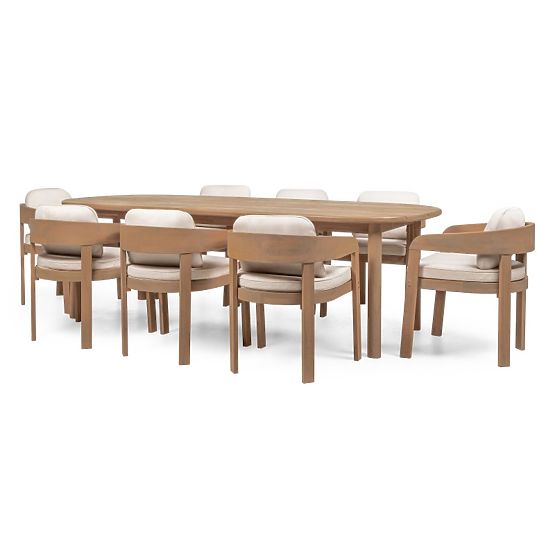 Zahradní set Satori II, stůl 240 cm + 8 židlí, akáciové dřevo FSC, teakový vzhled, béžový, zaoblený