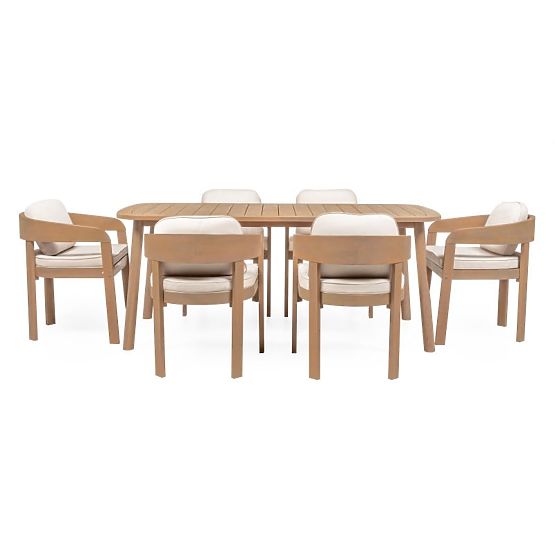 Zahradní set Satori, stůl 183 cm + 6 židlí, akáciové dřevo FSC, teakový vzhled, béžový, zaoblený