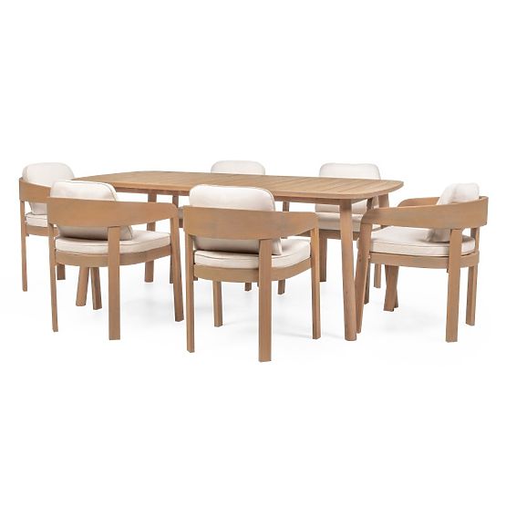 Zahradní set Satori, stůl 183 cm + 6 židlí, akáciové dřevo FSC, teakový vzhled, béžový, zaoblený