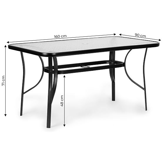 Zahradní stůl 160x90 cm tvrzené sklo velká deska na terasu zahradu otvor na slunečník MultiGarden