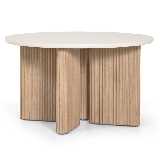 Zahradní stůl Komorebi 130 cm s kamennou deskou, světlé akáciové dřevo/světle béžový, kulatý, lamely