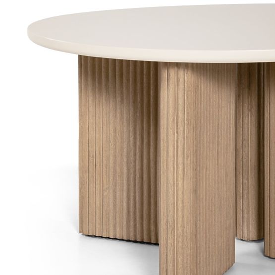 Zahradní stůl Komorebi 130 cm s kamennou deskou, světlé akáciové dřevo/světle béžový, kulatý, lamely