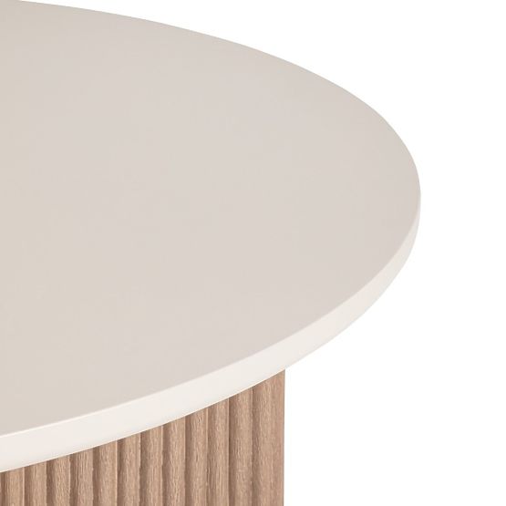 Zahradní stůl Komorebi 130 cm s kamennou deskou, světlé akáciové dřevo/světle béžový, kulatý, lamely