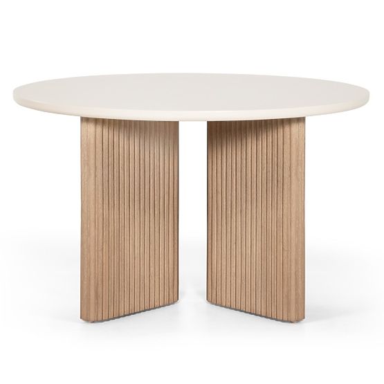 Zahradní stůl Komorebi 130 cm s kamennou deskou, světlé akáciové dřevo/světle béžový, kulatý, lamely