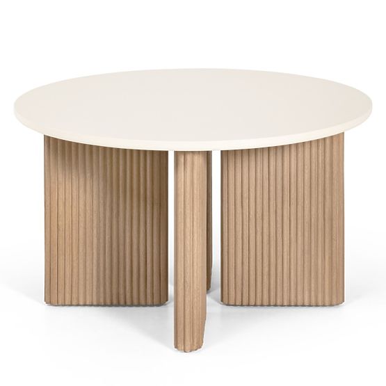 Zahradní stůl Komorebi 130 cm s kamennou deskou, světlé akáciové dřevo/světle béžový, kulatý, lamely