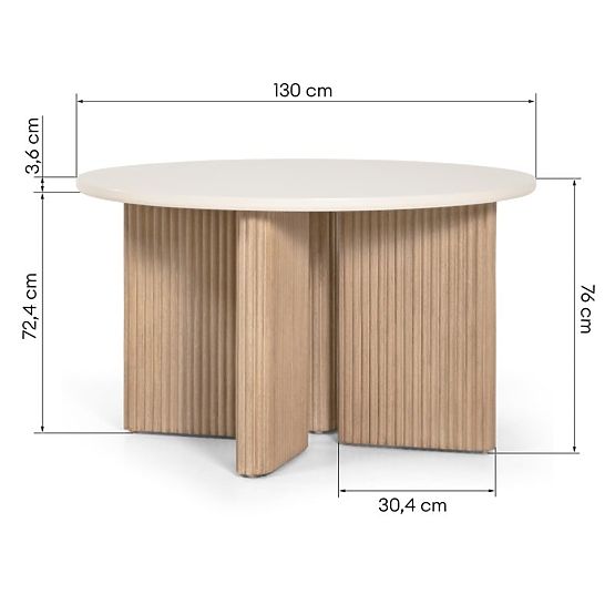 Zahradní stůl Komorebi 130 cm s kamennou deskou, světlé akáciové dřevo/světle béžový, kulatý, lamely