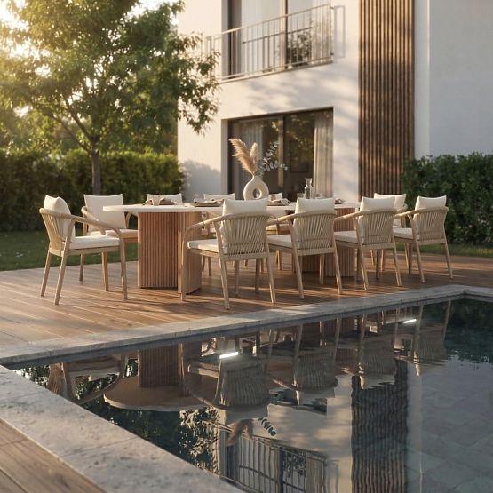 Zahradní stůl Komorebi 270 cm s kamennou deskou, světlé akáciové dřevo/světle béžová, oválný, lamely