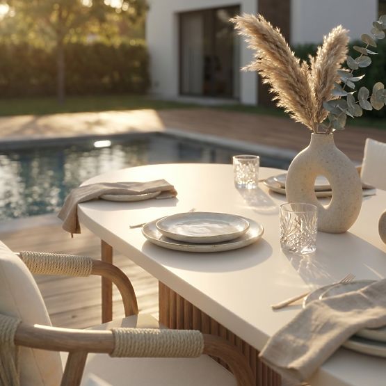 Zahradní stůl Komorebi 270 cm s kamennou deskou, světlé akáciové dřevo/světle béžová, oválný, lamely